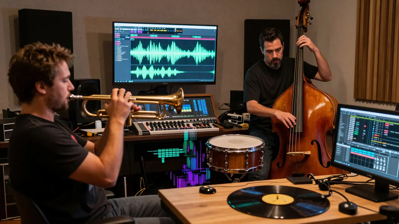 A jazz band performing live in a Brooklyn studio as digital sound waves blend with acoustic instruments on a cluttered desk.