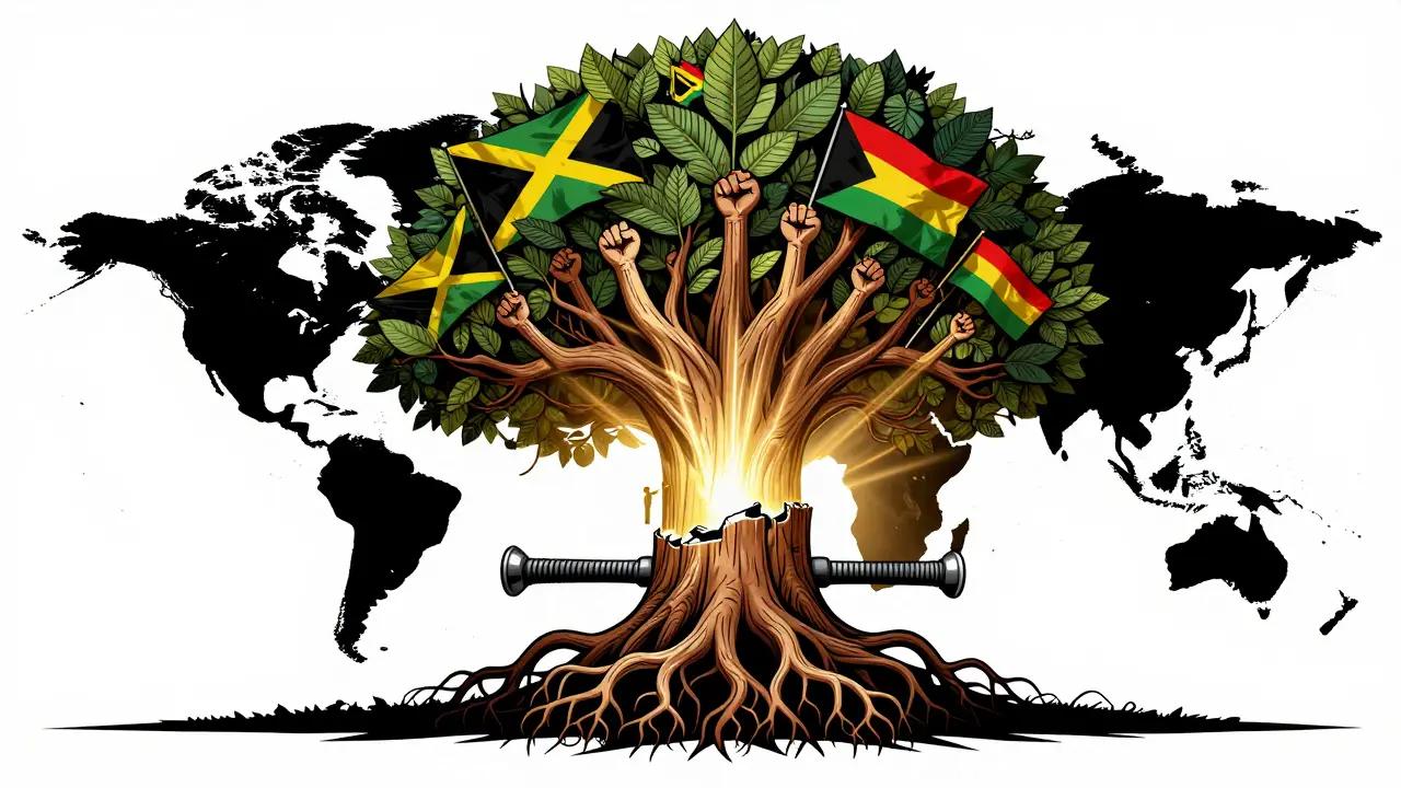 A tree growing from a broken baton, roots as basslines, leaves as fists, connecting global protest scenes.