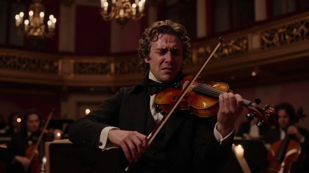 A violinist playing Tchaikovsky's Pathétique Symphony in a dim, emotional concert hall setting.