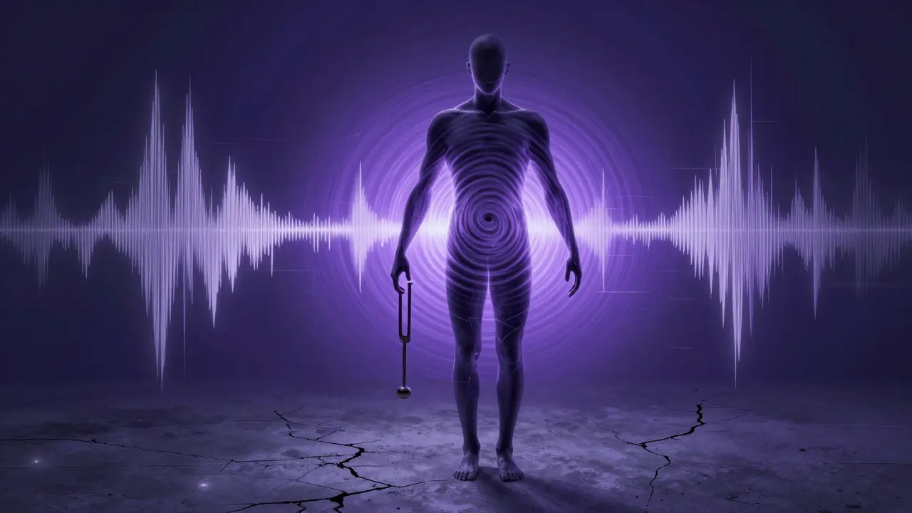 Abstract human figure rippling with bass waves, glowing indigo and violet tones radiating from the chest.
