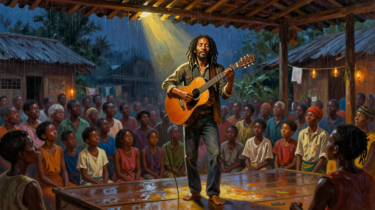 Bob Marley singing under a leaking roof in a village square, sunlight illuminating him as rain falls.