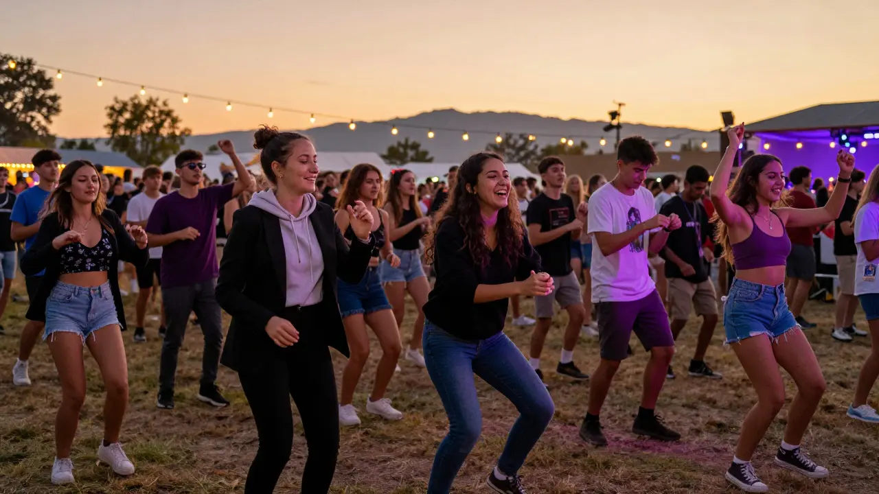 Diverse crowd dancing at a dusk festival, one woman in a suit wobbling joyfully under string lights.