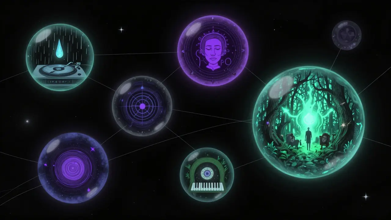 Floating glowing orbs representing micro-subgenres like lo-fi, witch house, and goblin core in a cosmic space.