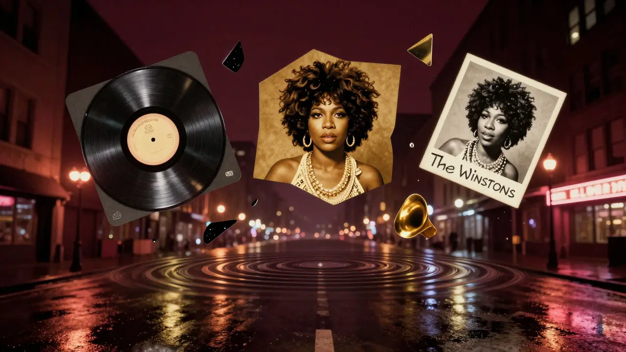 Floating soul music samples glowing like vinyl shards in a dark urban night, transforming into hip-hop beats.