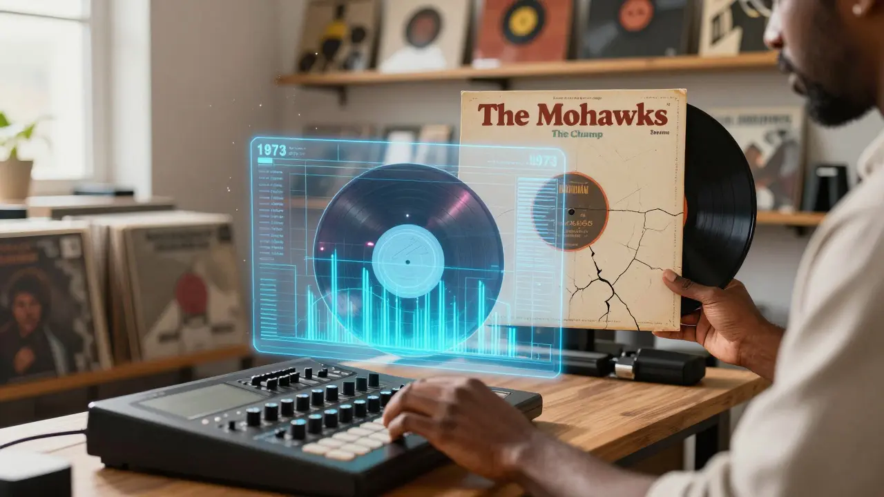 Modern producer blending vintage soul vinyl with digital beats, surrounded by rare records in a sunlit studio.
