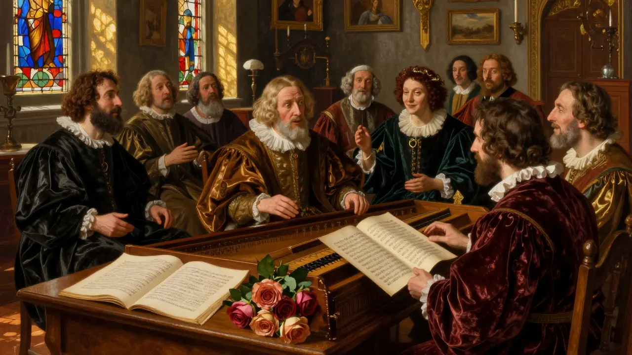 Renaissance nobles listening to a madrigal performance in a richly decorated salon with printed music.