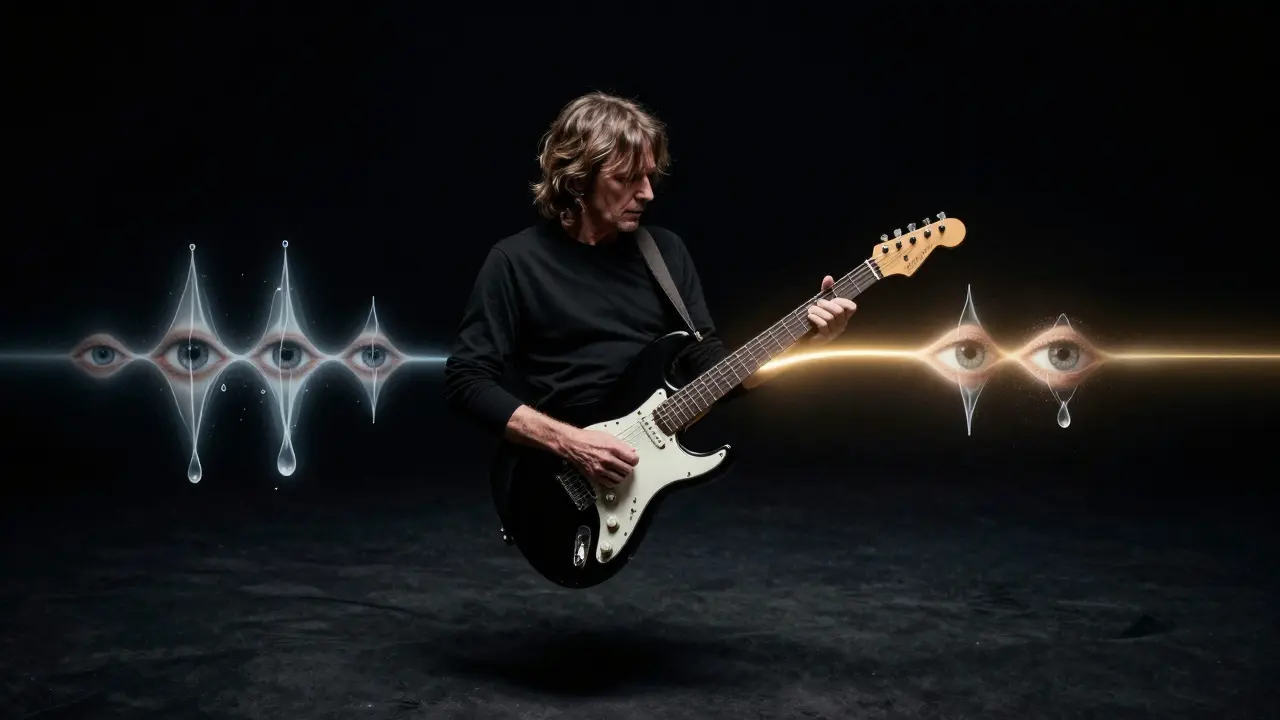 A floating Stratocaster emitting emotional sound waves, symbolizing the 'Comfortably Numb' solo.