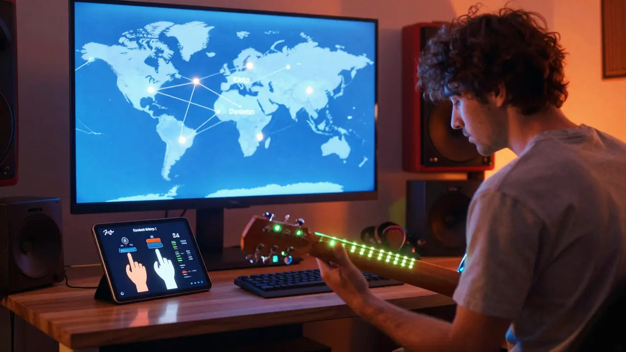 A guitarist receiving real-time feedback on a tablet while connected to global musicians.
