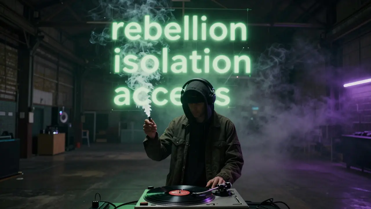 A lone figure in a warehouse playing UK Drill on vinyl, glowing smoke forming words of music's origins, foggy and cinematic atmosphere.