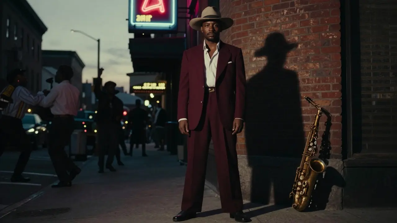 A man in a 1940s zoot suit stands confidently on a Harlem street, hat casting shadow over a defiant expression.