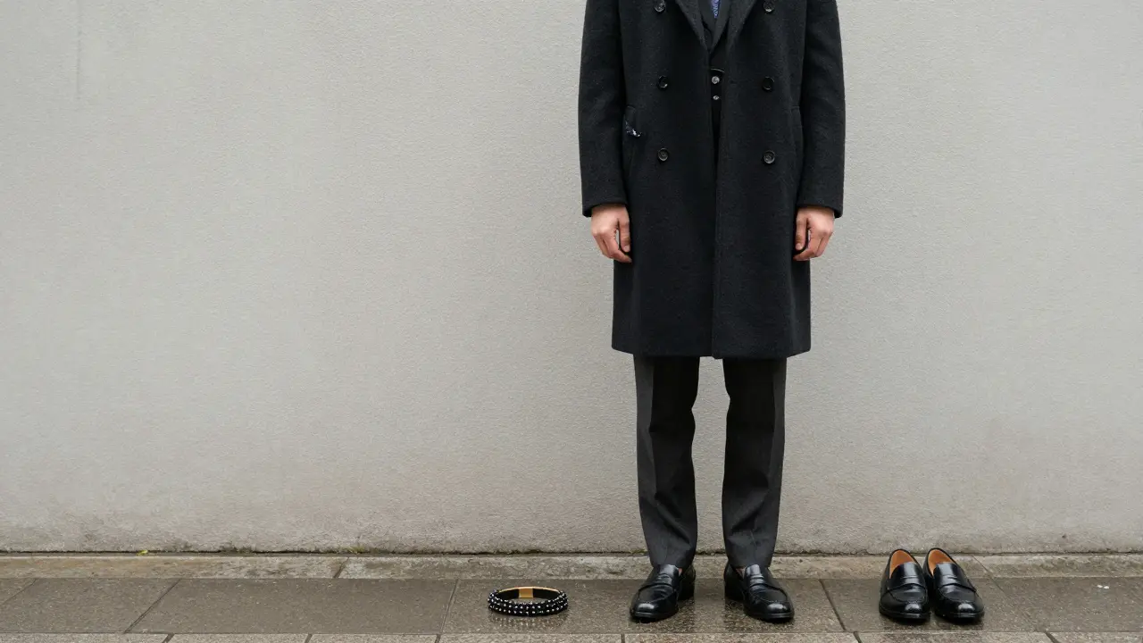 A modern outfit with a silk pocket square and loafers rests beside a vintage beaded headband in a quiet Tokyo street.