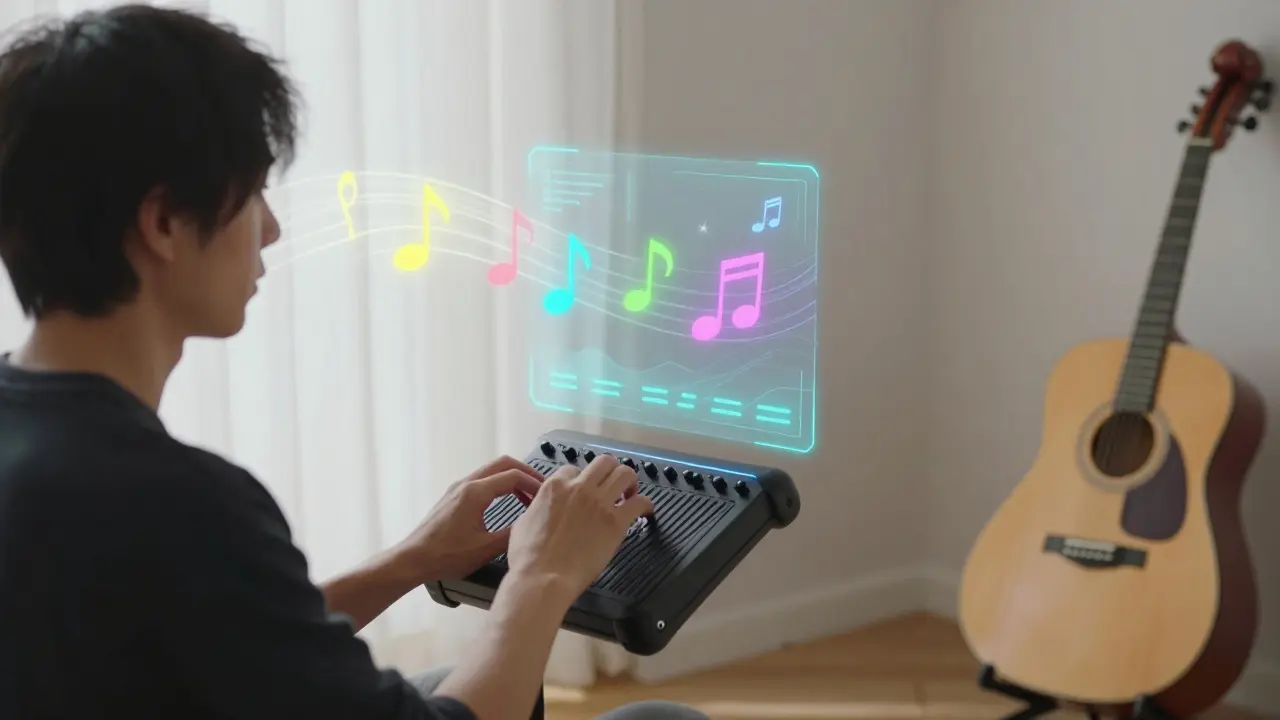 A person playing a musical interface using only eye movements, with notes appearing in the air.