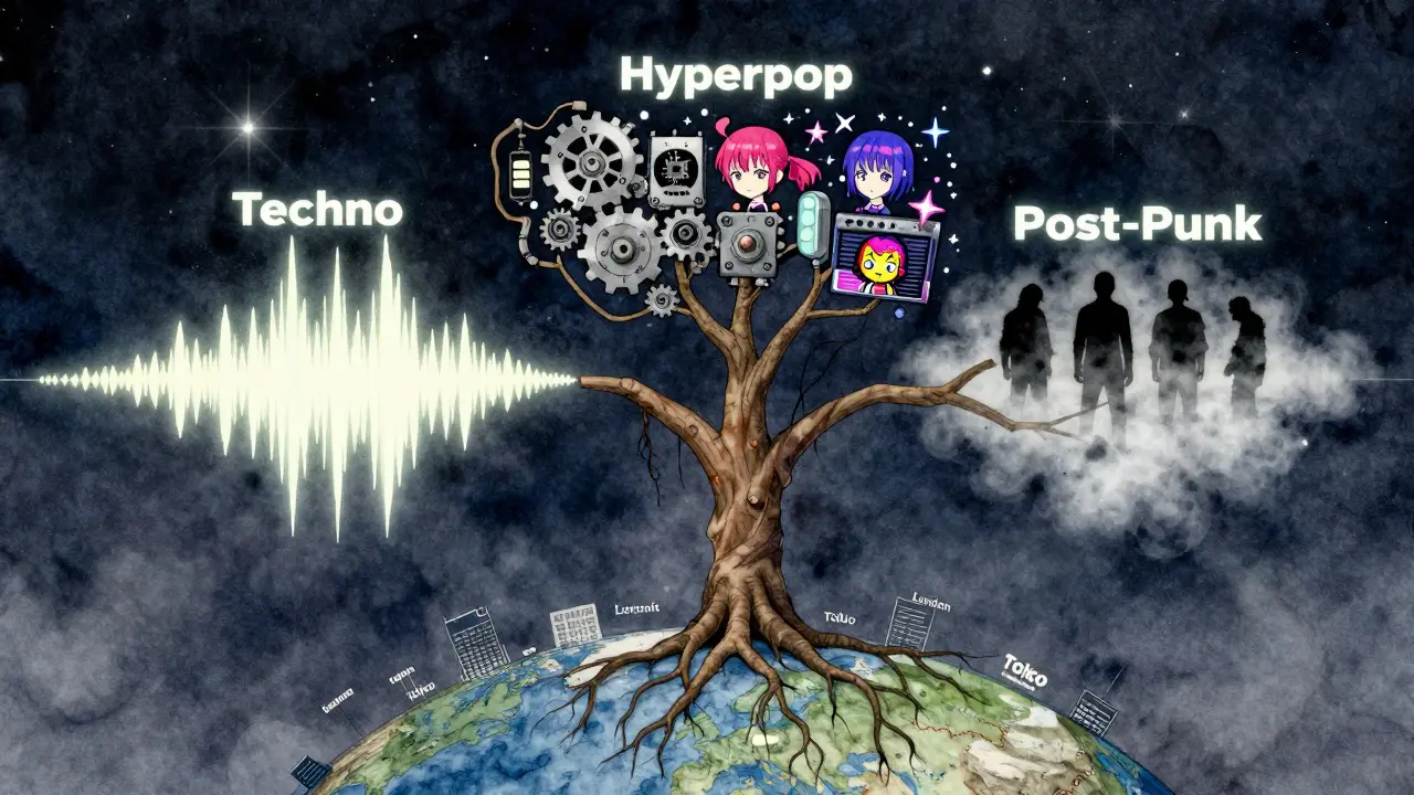 A surreal sound tree with branches representing music subgenres like Techno, Hyperpop, and Post-Punk, glowing under a starry sky.