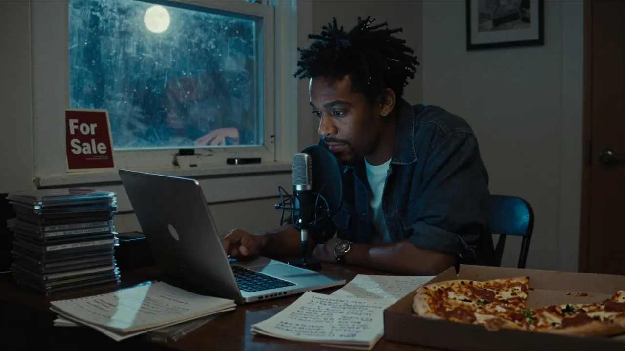 A young Kendrick Lamar records in a Compton apartment with a laptop and USB mic, surrounded by handwritten lyrics and CDs.