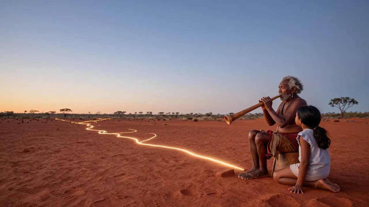 An Aboriginal elder plays didgeridoo at dawn as a songline of glowing lines rises from the earth into the sky.
