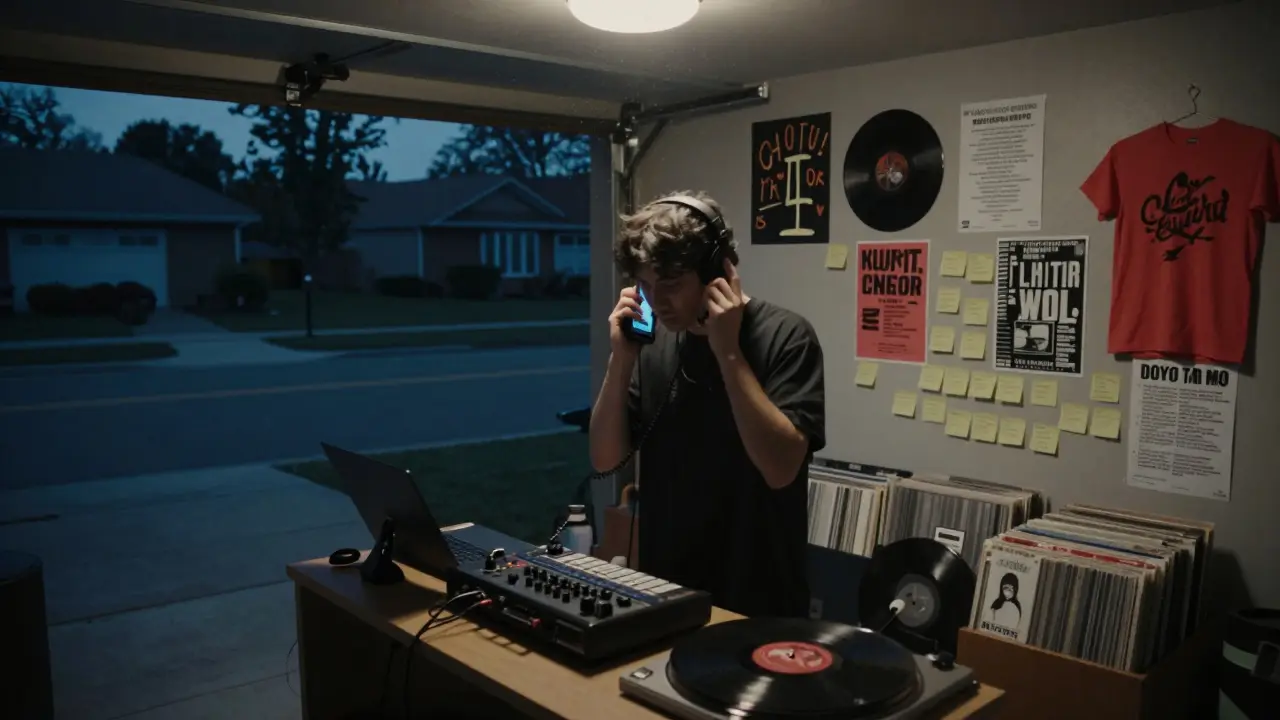 An aspiring rapper records in a garage at 3 a.m., surrounded by DIY merch, lyric notes, and a looping beat on their phone.