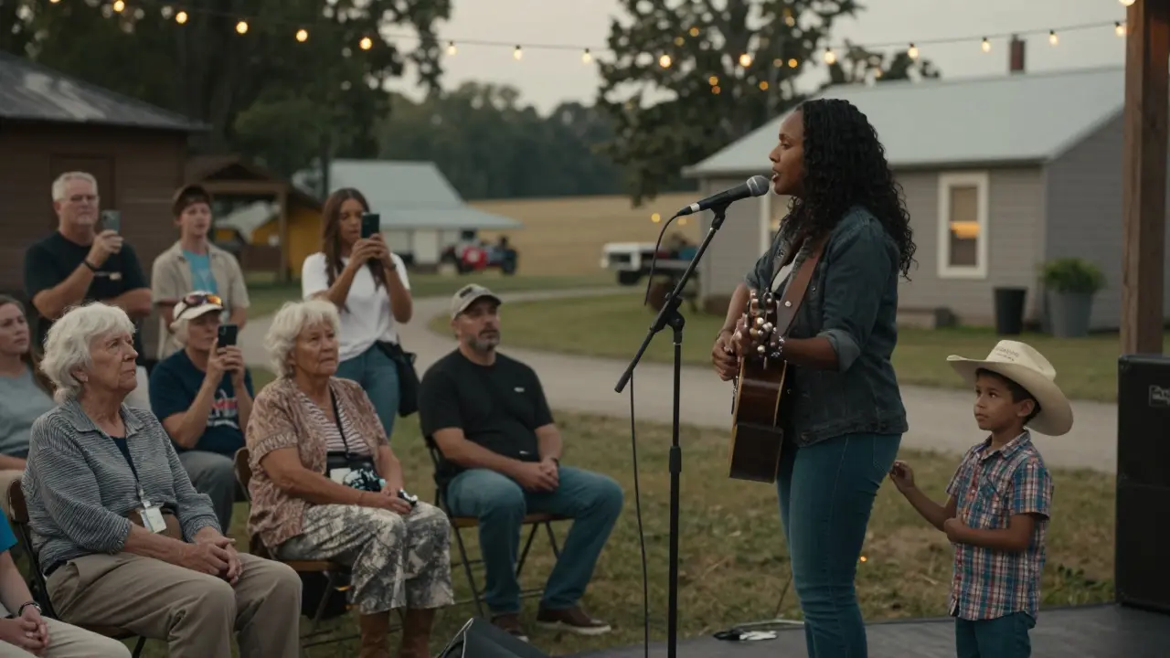 Black female country artist performing at a rural rally as diverse audience listens emotionally.
