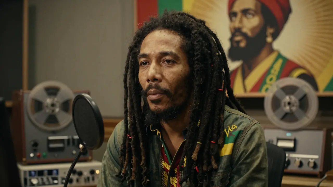 Bob Marley recording in Studio One with Rastafari symbols and tape reels.