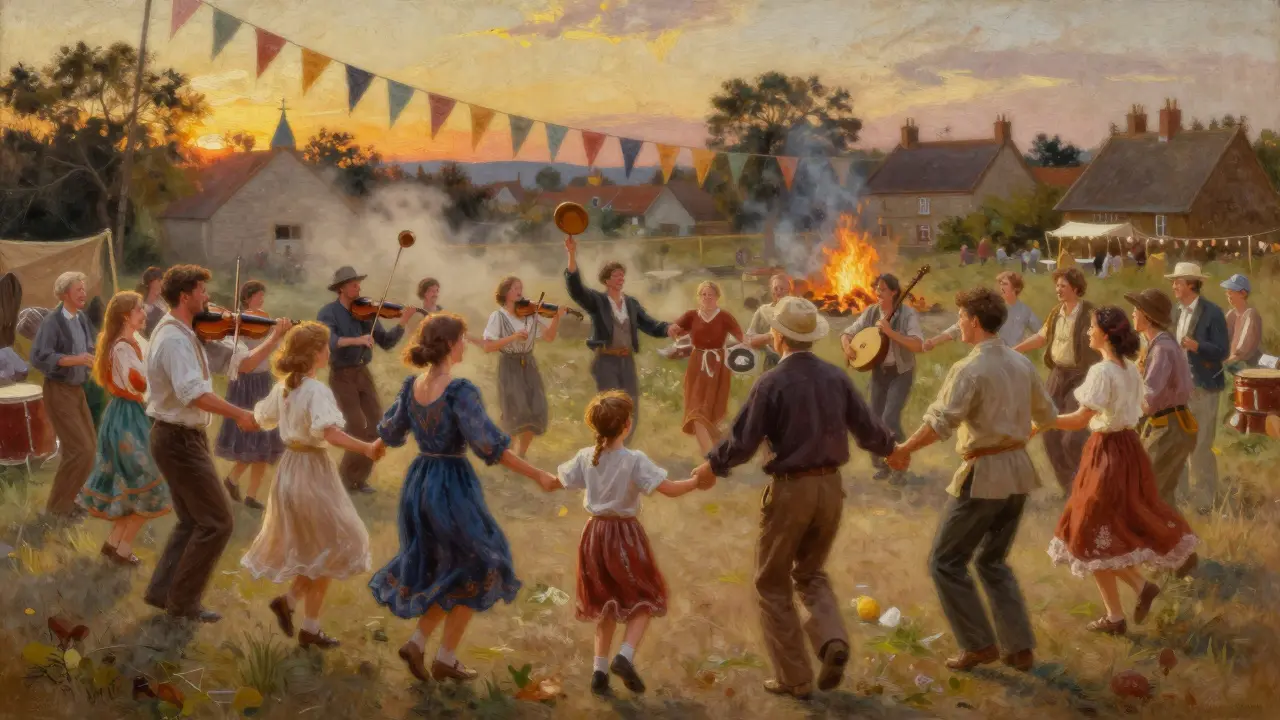 Diverse villagers dance in a circle at a rural English harvest festival, fiddles and bonfire in the background.
