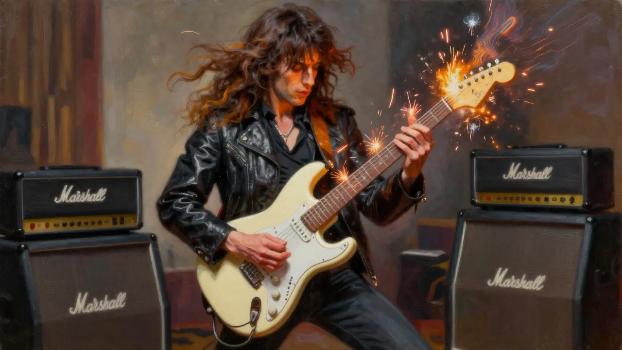 Eddie Van Halen performing 'Eruption', fingers blurred on a Stratocaster with glowing harmonics.