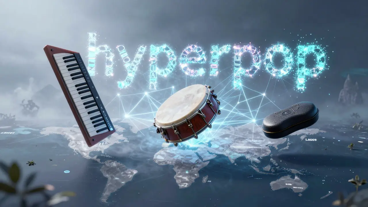 Floating musical elements merge across global cities as a new subgenre is born, depicted in glowing digital abstract art.