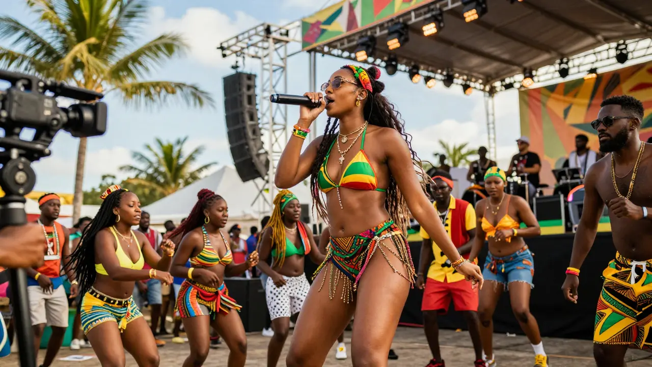 Koffee performing at Reggae Sumfest festival with diverse crowd dancing.