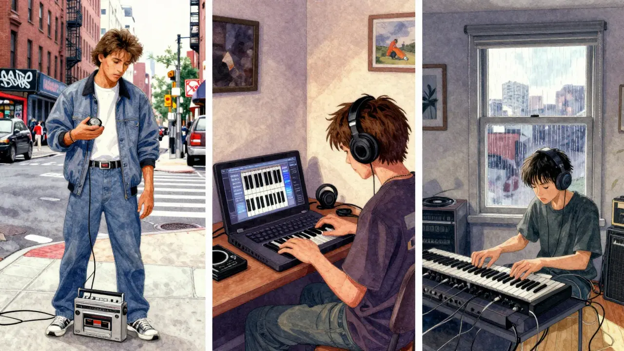 Three music scenes: 90s New York boom-bap, 2000s Atlanta trap, and modern Tokyo lo-fi hip hop in one artistic collage.