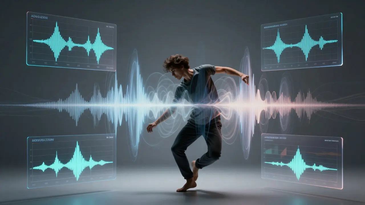A dancer surrounded by visual representations of bass frequencies and sound modulation techniques.