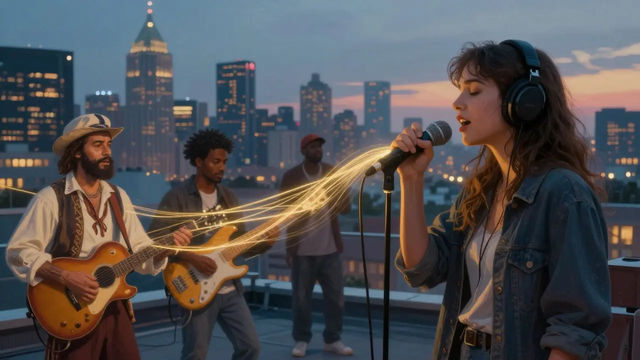 A modern musician on a rooftop, her voice visualized as golden threads connecting historical folk traditions across time.