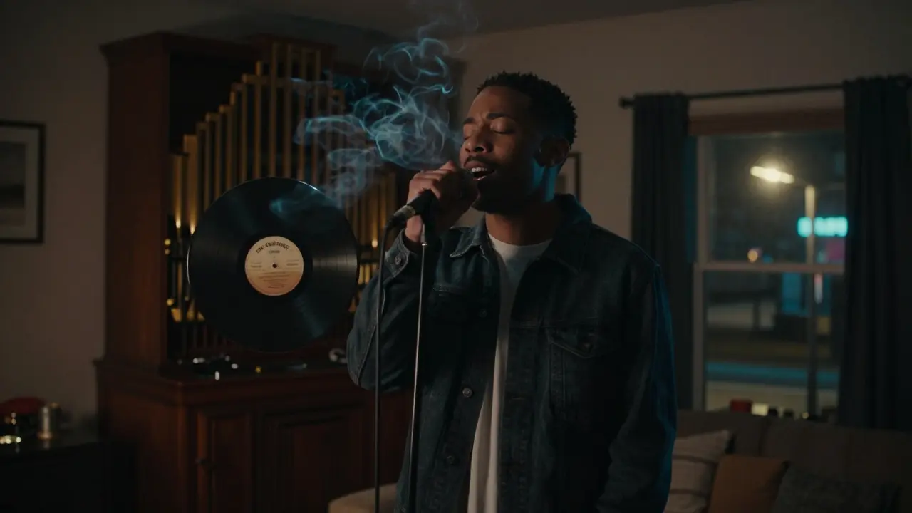 A rapper singing at midnight with a faint translucent soul record floating behind them.