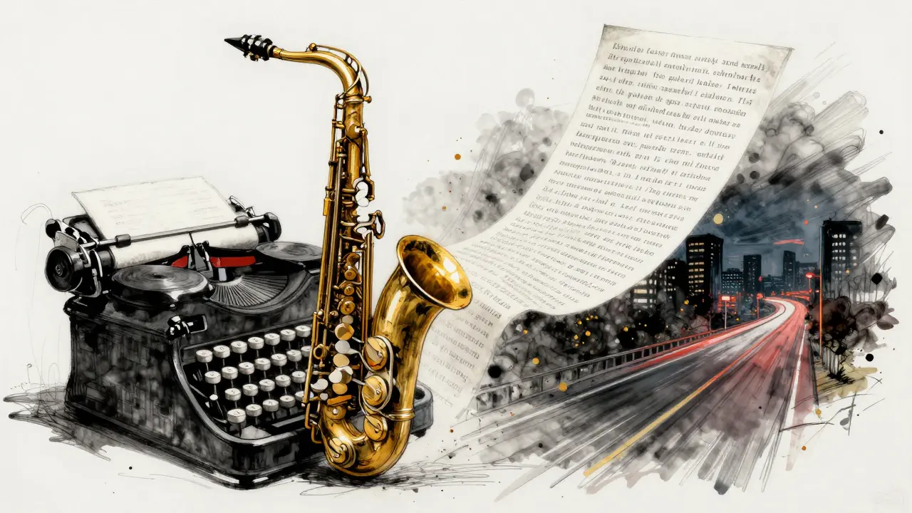 A saxophone transforming into a typewriter, with musical notes flowing into written text.