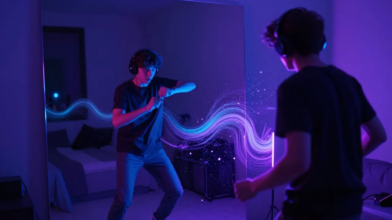 A teenager dancing alone in a bedroom with headphones on, illuminated by pulsing neon lights as they move to bass drops.