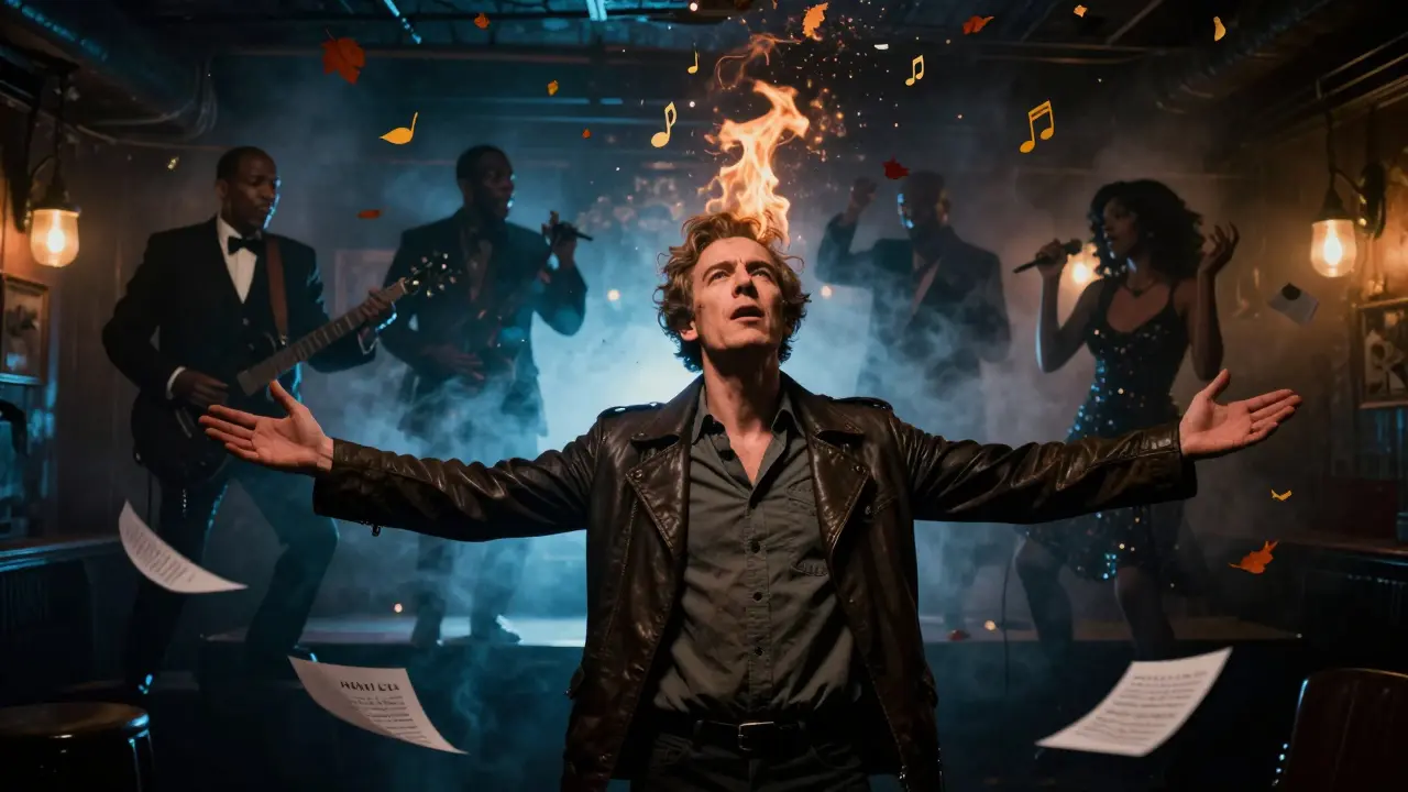 Allen Ginsberg reciting 'Howl' surrounded by ghostly figures of jazz legends in a smoky basement.