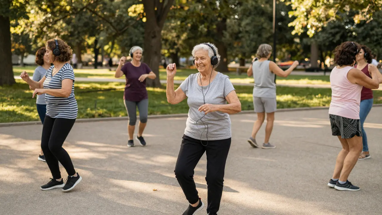 An elderly woman smiling as she sways gently in a park to dubstep music, others dancing nearby in casual joy.