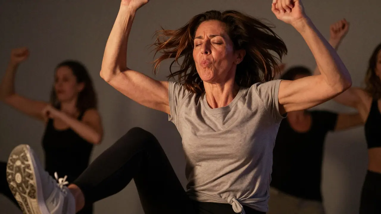 Close-up of a woman mid-dubstep drop, face ecstatic, muscles tensed, hair flying, soft light highlighting her movement.