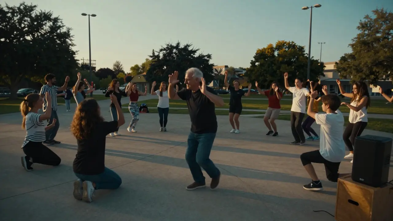 Community dance circle in a park at sunset, people of all ages moving together, one elderly man doing a body roll.