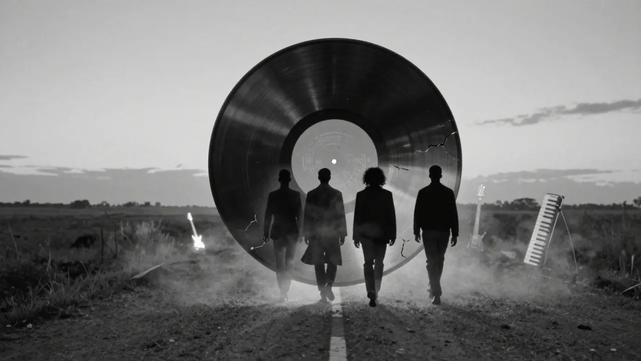 Floating vinyl record transforming into silhouettes of rock pioneers on a road