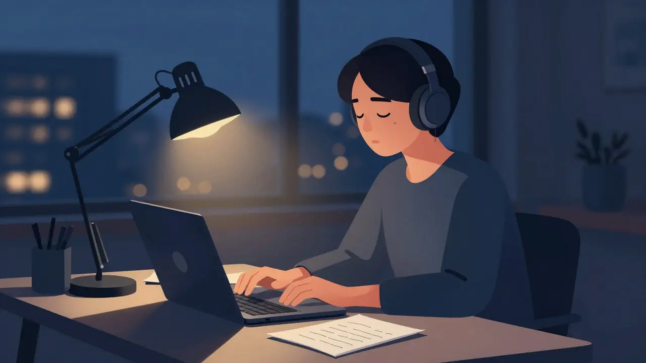 Focused person wearing headphones at a dimly lit desk during evening work session.