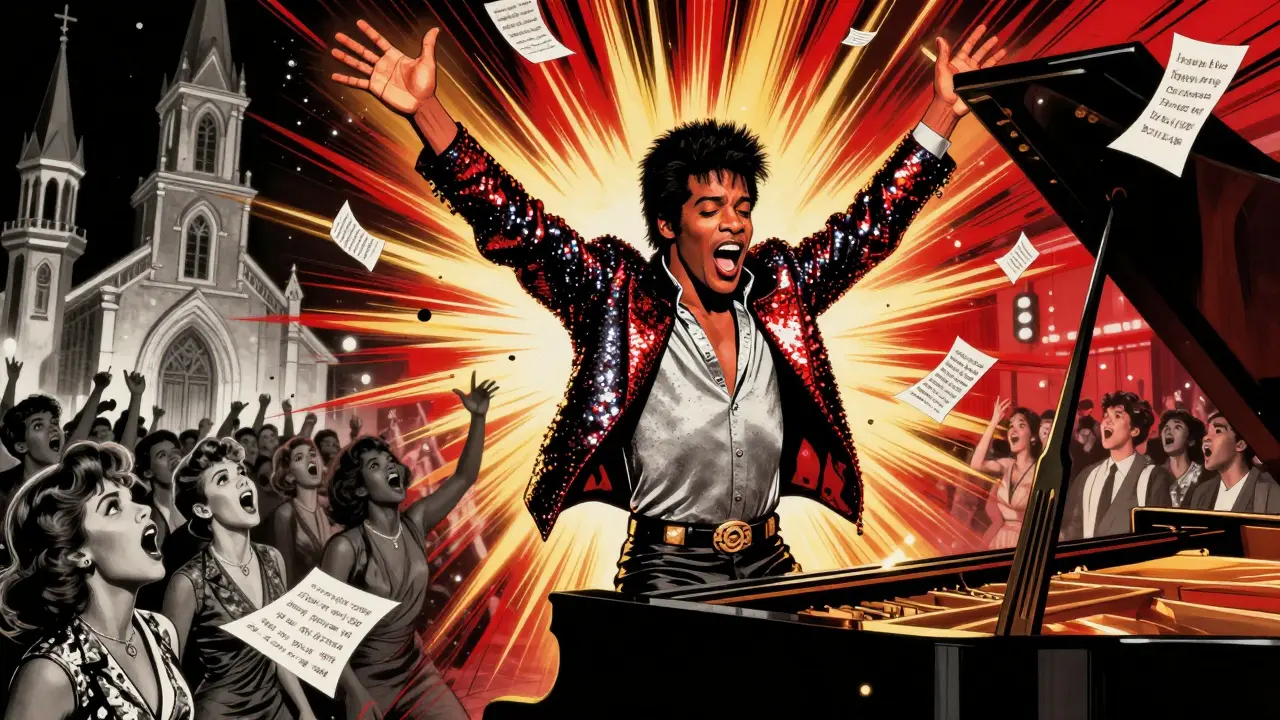 Little Richard dramatically playing piano with explosive energy and sequins