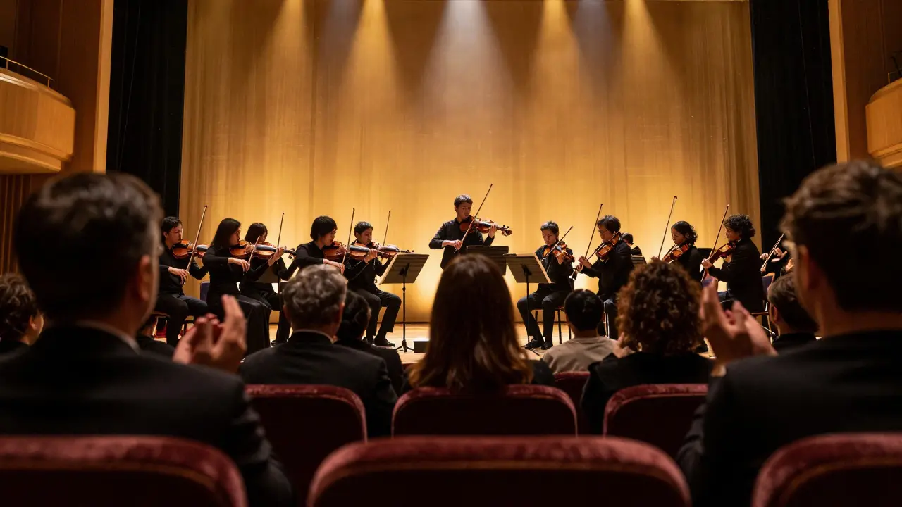Orchestra musicians performing on stage under golden spotlight in a concert hall.