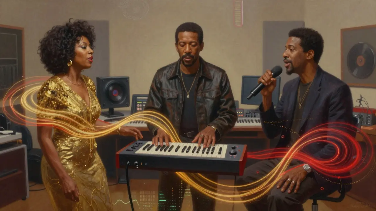 Soul legends' voices as glowing ribbons weaving into modern hip-hop beats in a studio.