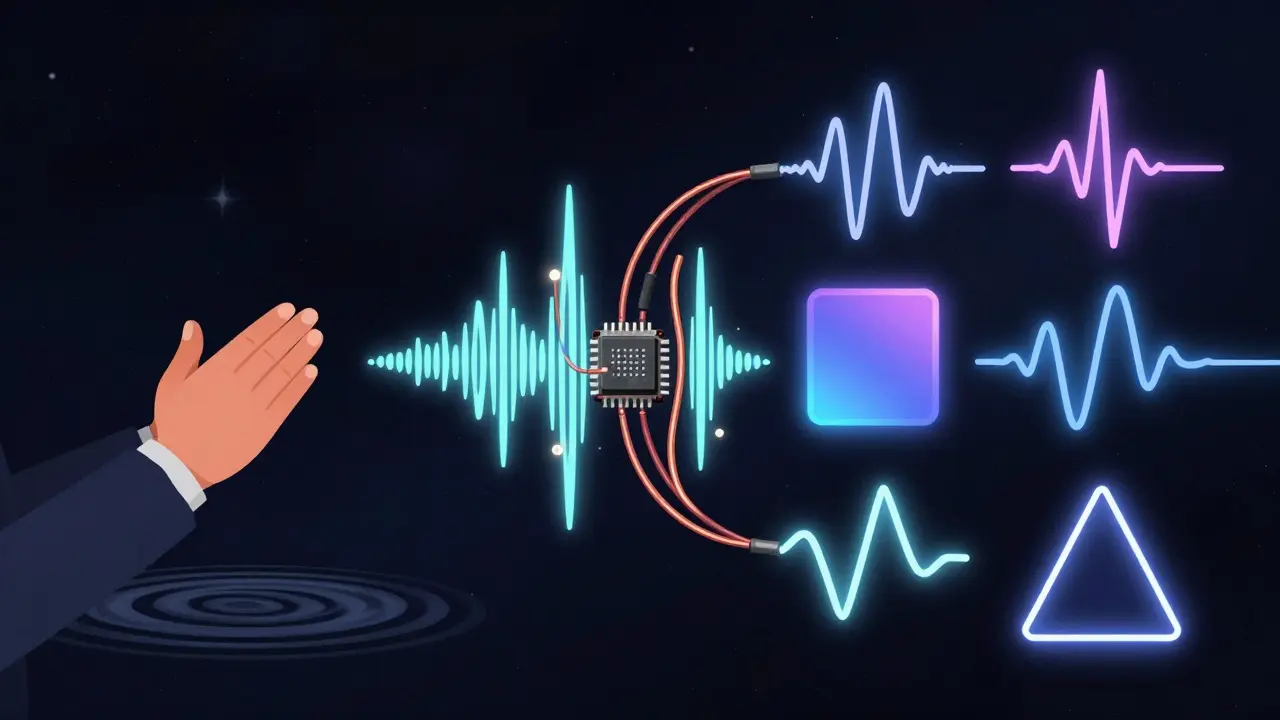 Sound transforming from air vibrations into electrical signals and four classic waveforms.
