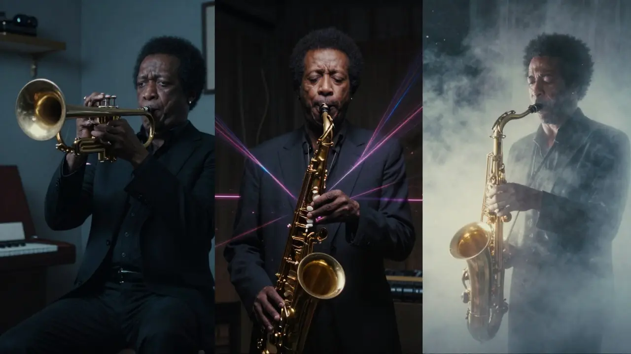A conceptual image showing the transition from cool jazz to fusion and spiritual free jazz