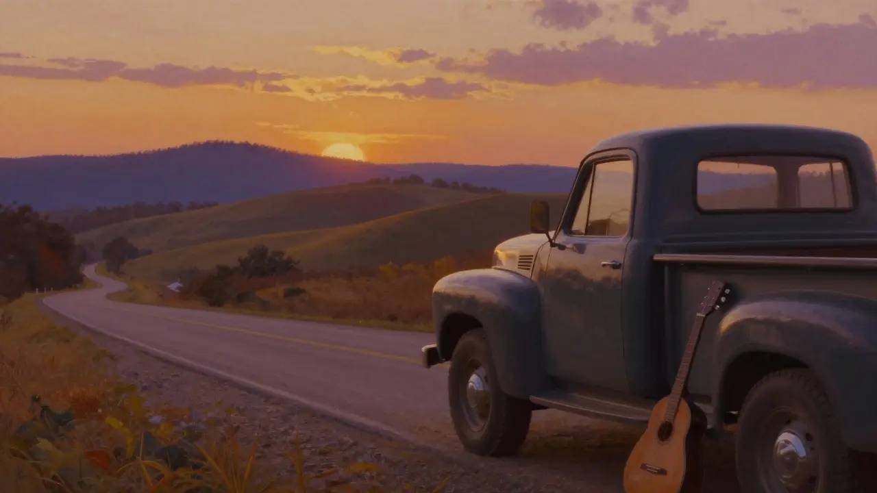 A vintage truck parked in the Tennessee hills during a golden orange sunset with a banjo.