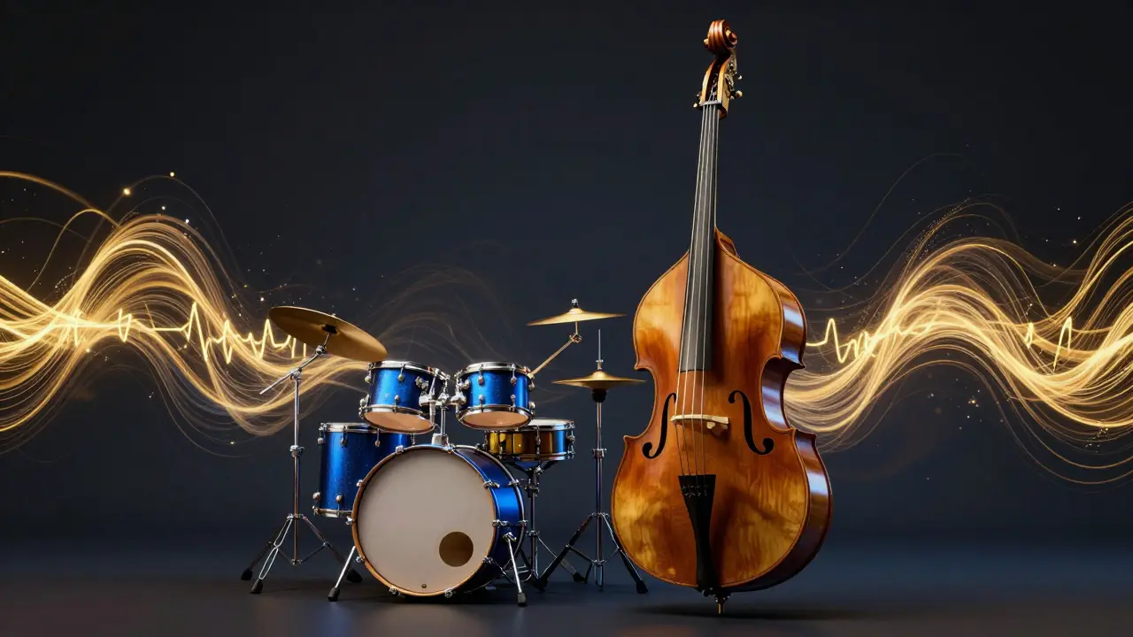Abstract visualization of a double bass and drums with golden rhythmic waves