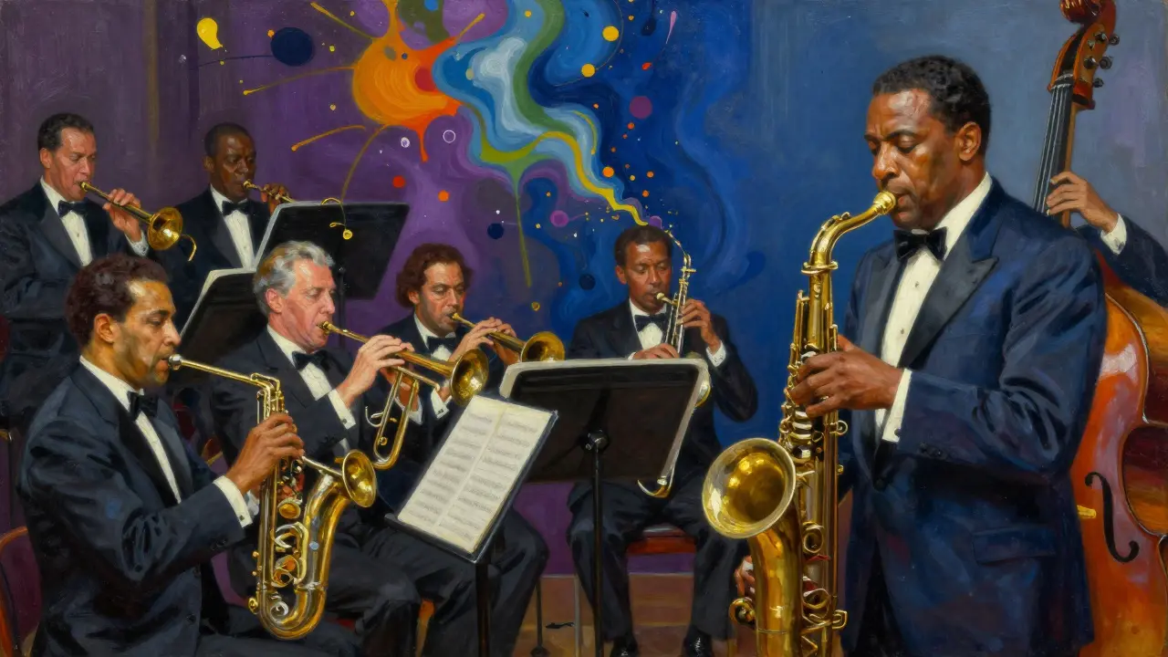 An artistic depiction of a jazz orchestra with vibrant colors representing musical harmony