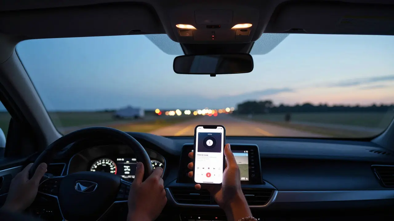 Close-up of a car dashboard with a music app playing as a town appears in the distance at dusk.