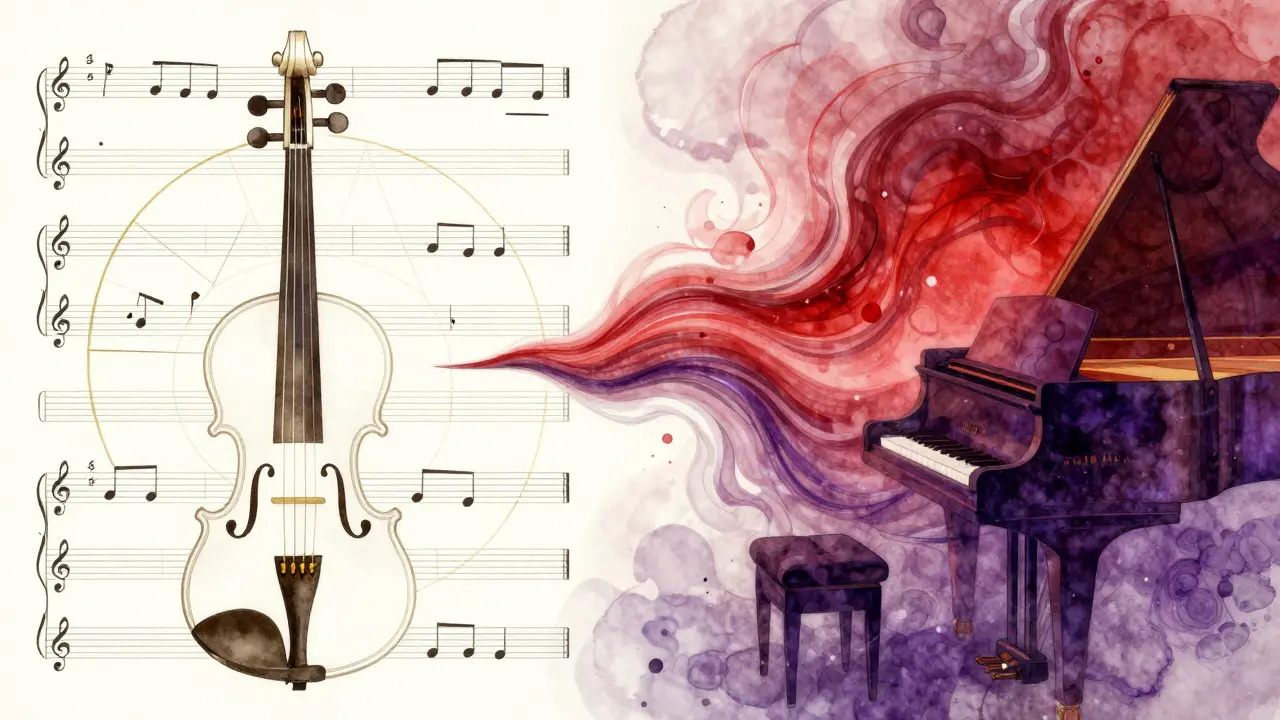 Contrast between structured geometric Baroque patterns and fluid emotional Romantic art