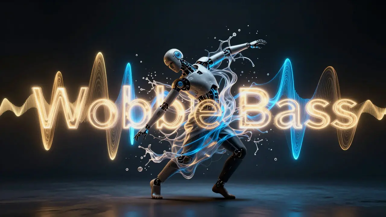 Dancer fusing fluid and robotic motions surrounded by glowing abstract sound waves