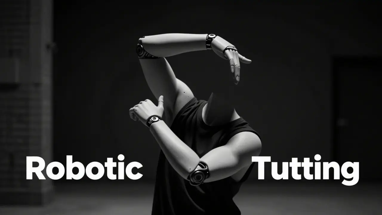 Dancer posing with sharp 90-degree angles and robotic arm isolations